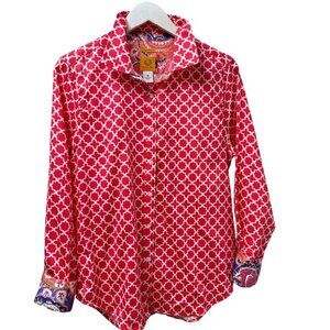 Ruby Rd Womens Shirt Size 10 Red Geo Preppy Print Long Sleeve Button Up